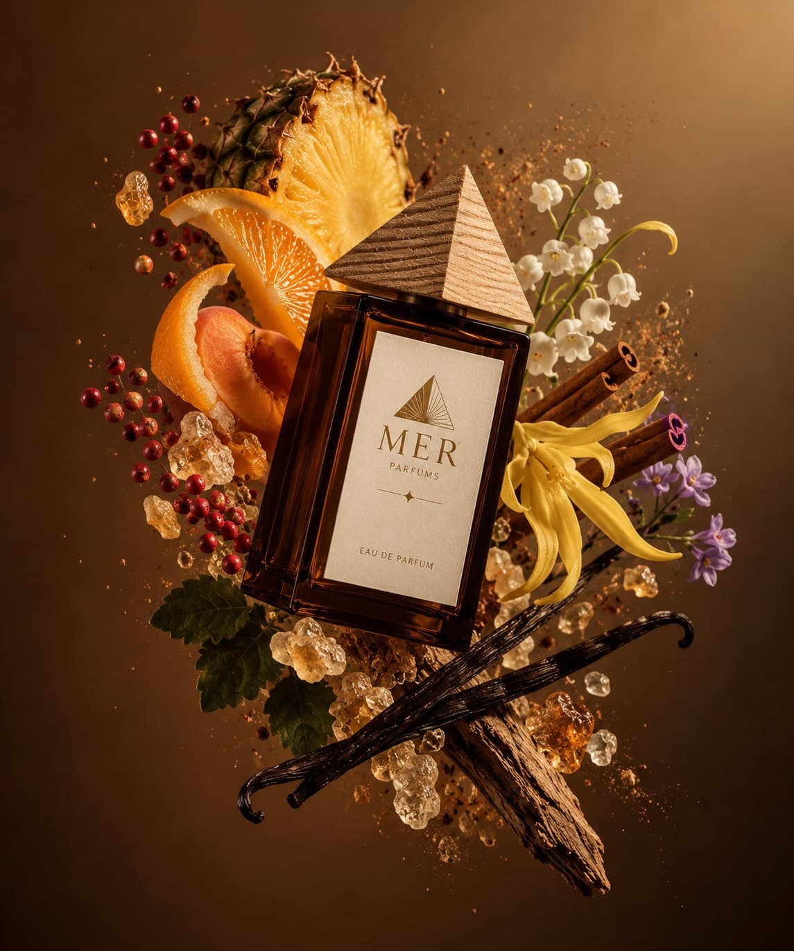A MER bottle among citrus, flowers, vanilla and resin
